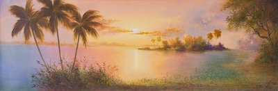 Signed Landscape Painting of a Jungle Sunset from Peru
