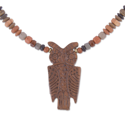 Owl-Shaped Ceramic Beaded Pendant Necklace from Peru