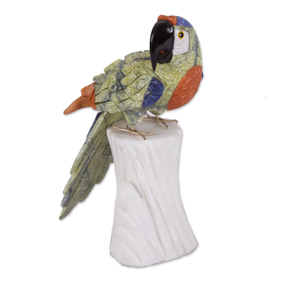 Multi-Gemstone Hand Carved Parrot Statuette