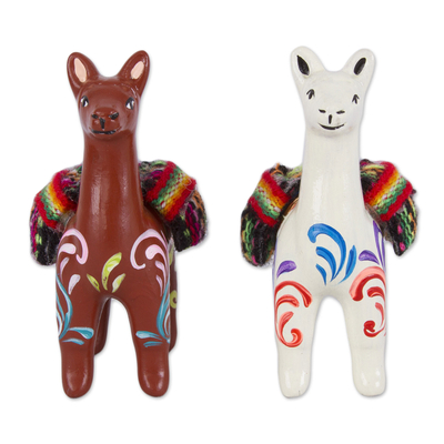 Hand Crafted Ceramic Standing Brown and White Llamas (Pair)