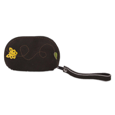 Black Suede Leather Coin Purse, Yellow Butterfly Appliqué