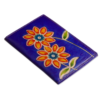 Blue Leather Passport Cover with Hand Painted Flowers