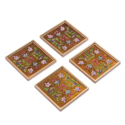 Reverse Painted Glass Floral Coasters from Peru (Set of 4)