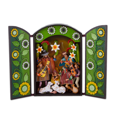 Wood and Plaster Andean Nativity Retablo with Musicians