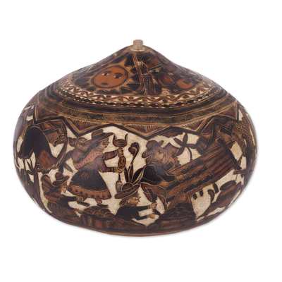 Hand-Carved Gourd Decorative Box with Andean Pastoral Scene