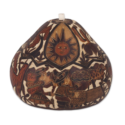Hand Carved Gourd Decorative Box with Andean Pastoral Scene