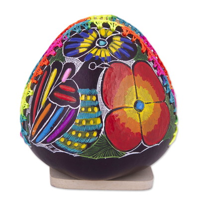 Colorful Bird and Flowers Hand Painted Gourd Napkin Holder