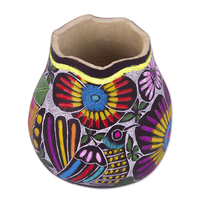 Colorful Bird and Flowers Hand Painted Gourd Desk Accessory