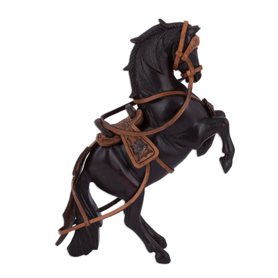 Handcrafted Mahogany and Leather Horse Sculpture from Peru