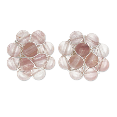 Rose Quartz Bead Cluster Flower and Sterling Silver Earrings