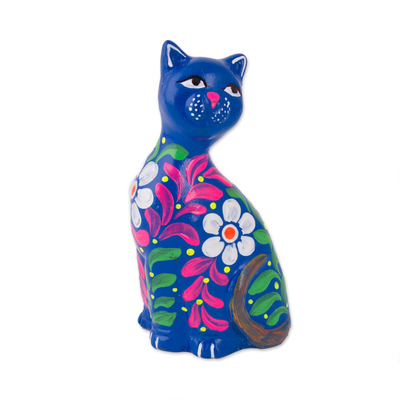 Peruvian Artisan Crafted Floral Ceramic Cat Figurine in Blue