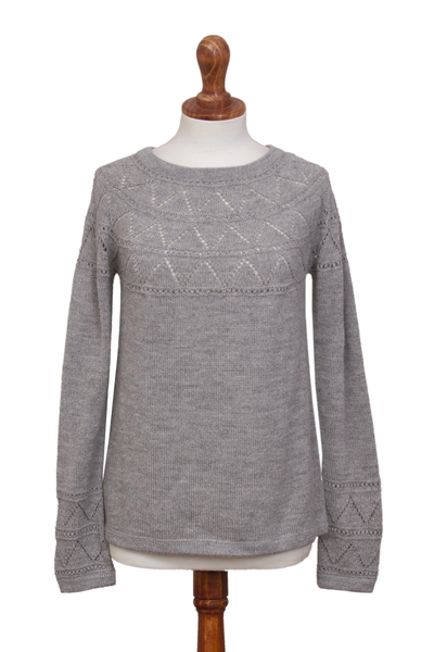 Light Grey Baby Alpaca Long-Sleeve Pullover Knit Sweater