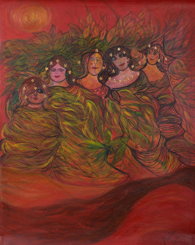 Signed Painting of Mermaids in Red (2010) from Peru