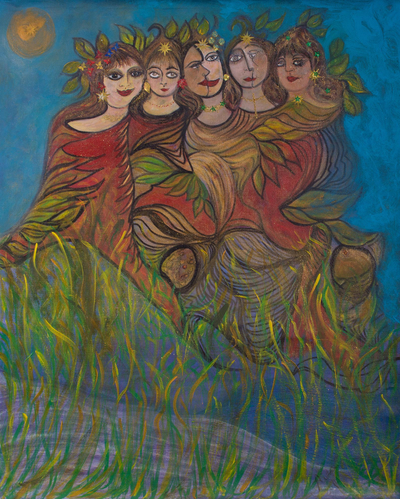 Signed Painting of Mermaids in Blue (2010) from Peru