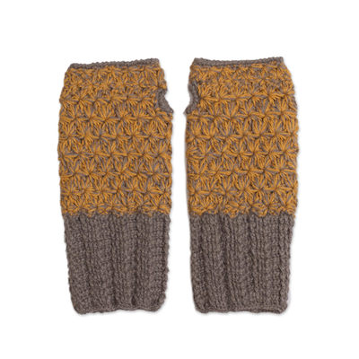 Hand Knit Brown and Amber Baby Alpaca Fingerless Mitts