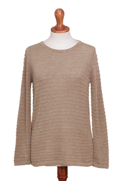 Cotton Blend Sweater in Taupe with Line Patterns from Peru