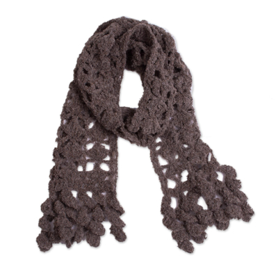 Hand-Crocheted Alpaca Blend Scarf in Chocolate with Frills
