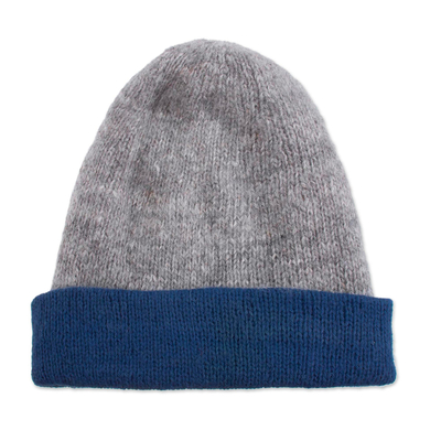 Knit 100% Alpaca Hat in Azure and Grey from Peru