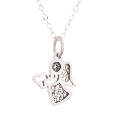 Sterling Silver Angel Pendant Necklace with Oxidized Filigre