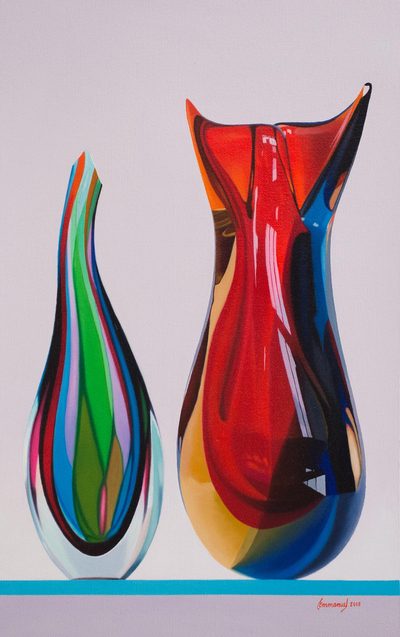 Oil Painting of Two Colorful Glass Sculptures from Peru