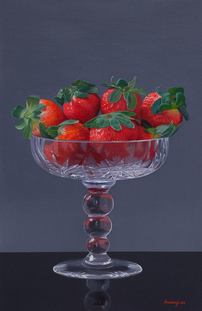 Signed Realist Painting of a Strawberry Bowl from Peru