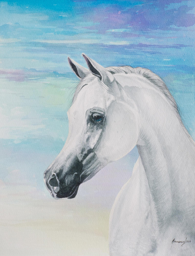 Signed Watercolor Painting of a White Horse from Peru
