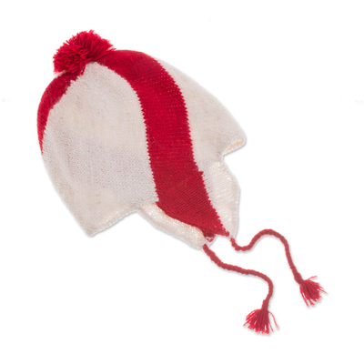 100% Baby Alpaca Chullo Hat in Crimson and While