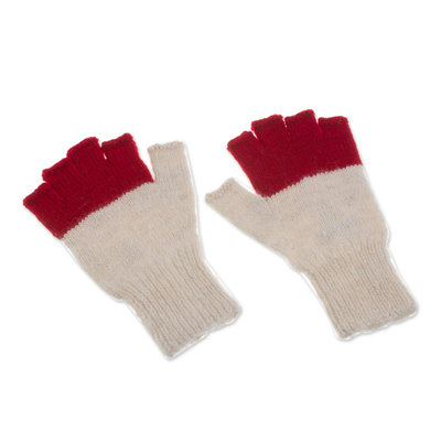 Baby Alpaca Fingerless Gloves in Crimson and Eggshell