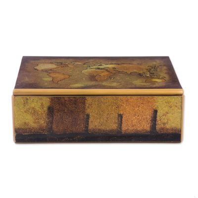 Golden World Map Reverse-Painted Glass Wood Decorative Box
