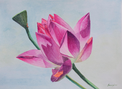 Signed Watercolor Painting of a Lotus Flower from Peru