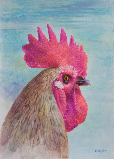 Signed Watercolor Painting of a Rooster from Peru