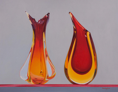 Signed Painting of Two Red Art Glass Vases from Peru