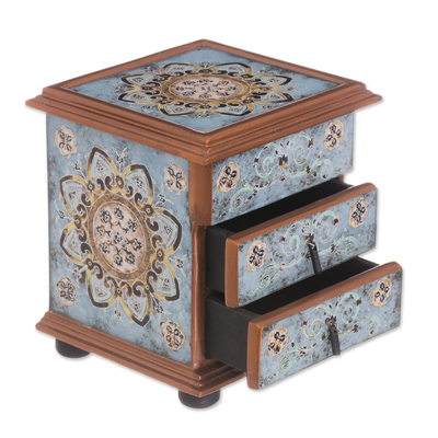 Floral Reverse Painted Glass Jewelry Box in Blue from Peru