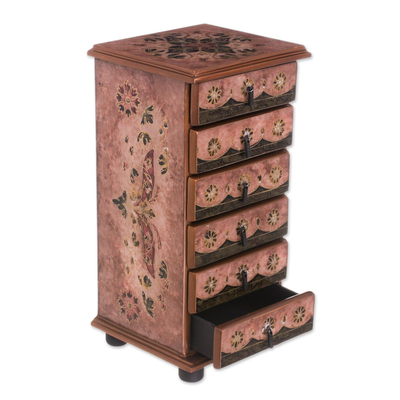 Floral Reverse-Painted Glass Jewelry Chest in Pink from Peru