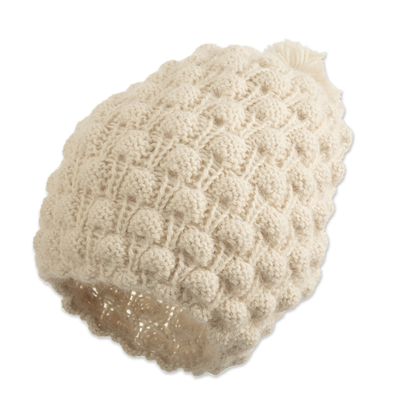 Hand Knit Antique White 100% Alpaca Multi-Textured Hat