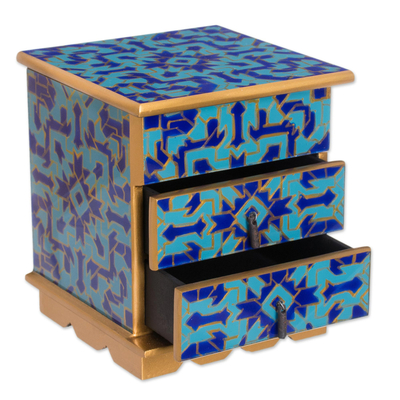 Reverse Painted Glass Jewelry Box in Blue from Peru