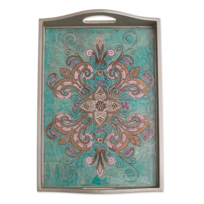Floral Reverse-Painted Glass Tray from Peru