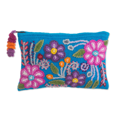 Embroidered Floral Alpaca Clutch in Turquoise from Peru
