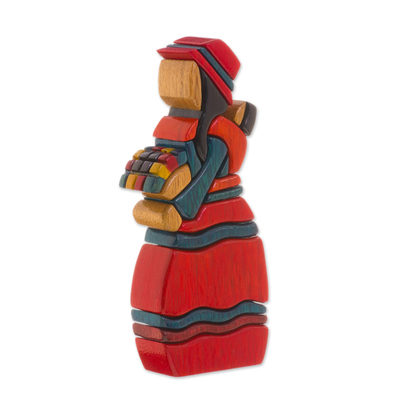 Handcrafted Wood Sculpture of a Flower Seller from Peru