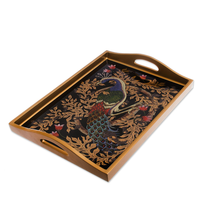 Reverse-Painted Glass Peacock Tray in Gold (17 in.)