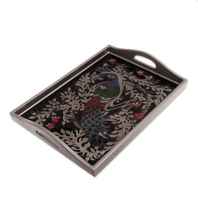 Reverse-Painted Glass Peacock Tray in Silver (17 in.)