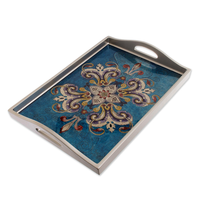 Floral Reverse-Painted Glass Tray in Blue from Peru