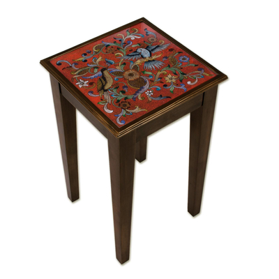 Floral and Bird Motif Reverse-Painted Glass Accent Table