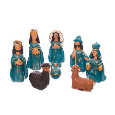 Handcrafted Ceramic Nativity Scene in Blue (Set of 8)