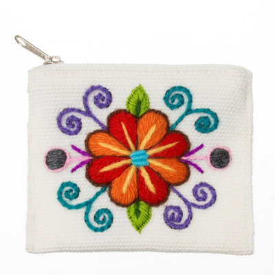 Embroidered Floral White Alpaca Blend Coin Purse