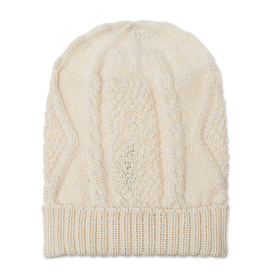 100% Alpaca Knit Hat in Alabaster from Peru