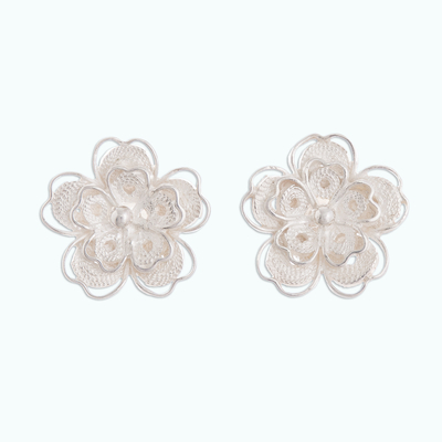 Floral Sterling Silver Filigree Button Earrings from Peru