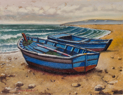 Signed Realist Painting of Two Blue Boats from Peru