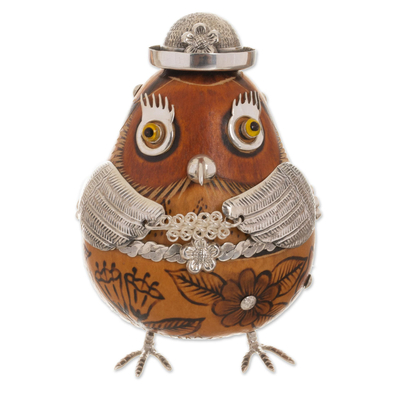 Sterling Silver and Gourd Figurine of a Floral Owl