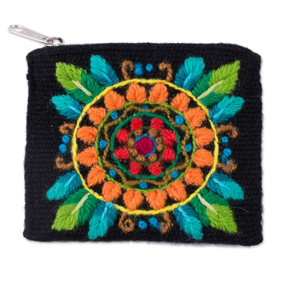 Floral Embroidered Alpaca Blend Coin Purse in Black
